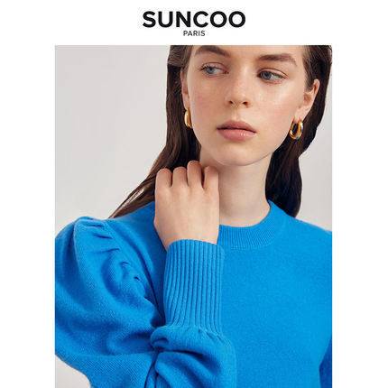 SUNCOO羊毛圓領羊腿泡泡袖子法式優雅魅力氣質秋季新品女士毛衣